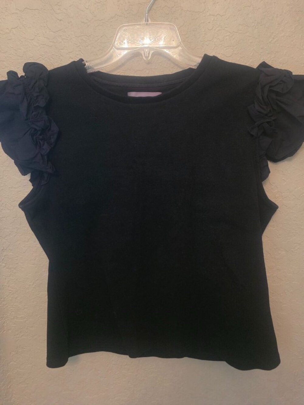 Anthropologie Black Ribbed Ruffle Short Sleeve Blouse Shirt L
